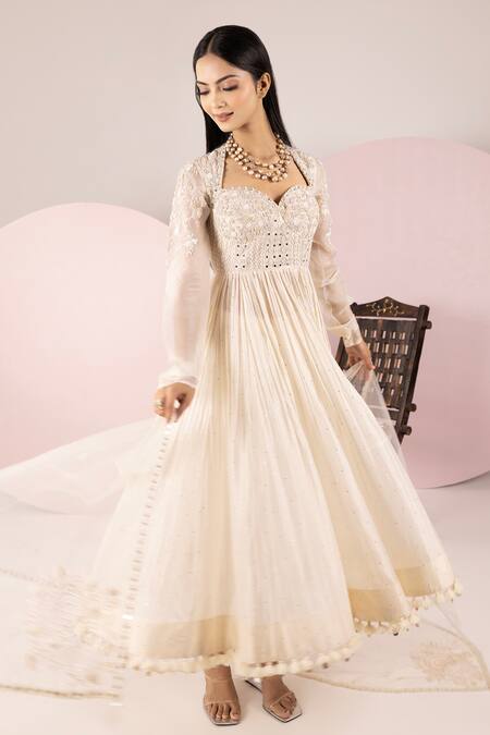 Sonia Bansal White Mukesh Chanderi Silk Embroidery Resham Floral Bodice Anarkali Set Online at Aza Fashions Sonia Bansal_White Mukesh Chanderi Silk Embroidery Resham Floral Bodice Anarkali Set_Online_at_Aza_Fashions