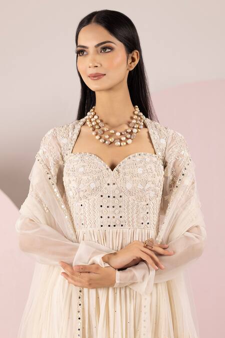 Buy Sonia Bansal White Mukesh Chanderi Silk Embroidery Resham Floral Bodice Anarkali Set Online at Aza Fashions Buy_Sonia Bansal_White Mukesh Chanderi Silk Embroidery Resham Floral Bodice Anarkali Set_Online_at_Aza_Fashions