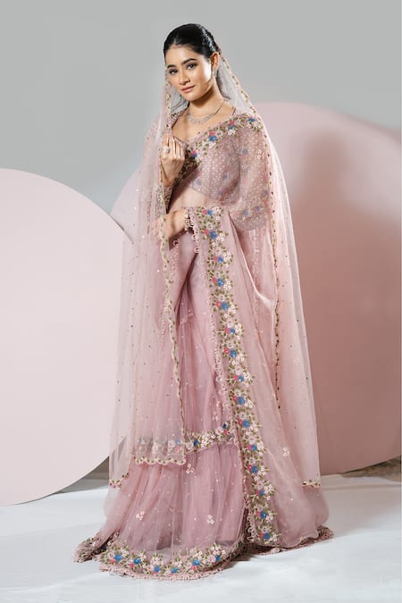 Sonia Bansal Pink Organza Embroidery Resham Tear Sequin Floral Saree With Blouse 