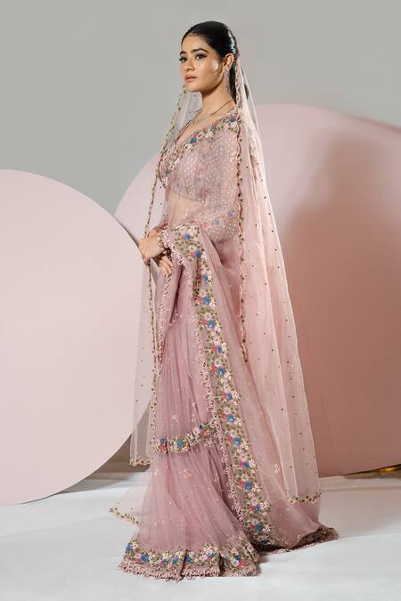 Shop Sonia Bansal Pink Organza Embroidery Resham Tear Drop Neck Sequin Floral Saree With Blouse at Aza Fashions Shop_Sonia Bansal_Pink Organza Embroidery Resham Tear Drop Neck Sequin Floral Saree With Blouse_at_Aza_Fashions