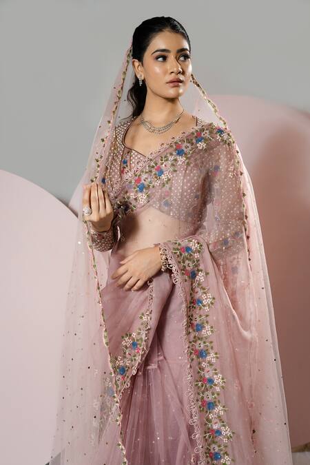 Sonia Bansal Pink Organza Embroidery Resham Tear Drop Neck Sequin Floral Saree With Blouse Online at Aza Fashions Sonia Bansal_Pink Organza Embroidery Resham Tear Drop Neck Sequin Floral Saree With Blouse_Online_at_Aza_Fashions