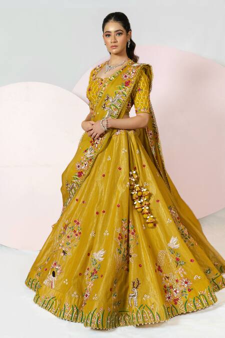 Sonia Bansal_Yellow Tissue Lehenga Embroidery Flying Birds Notched And Floral Bridal Set_Online_at_Aza_Fashions