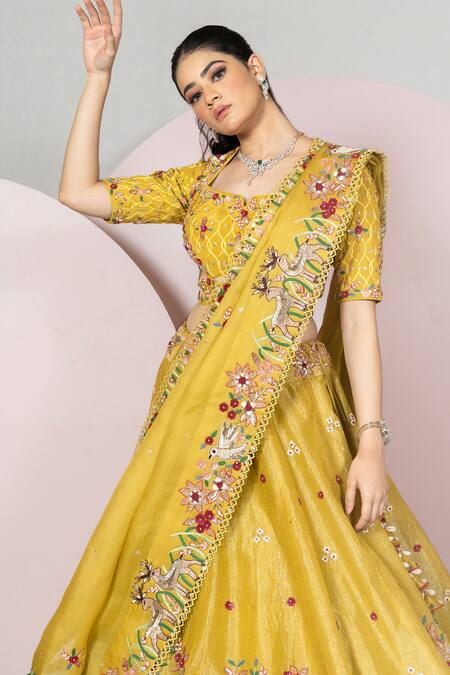Buy_Sonia Bansal_Yellow Tissue Lehenga Embroidery Flying Birds Notched And Floral Bridal Set_Online_at_Aza_Fashions