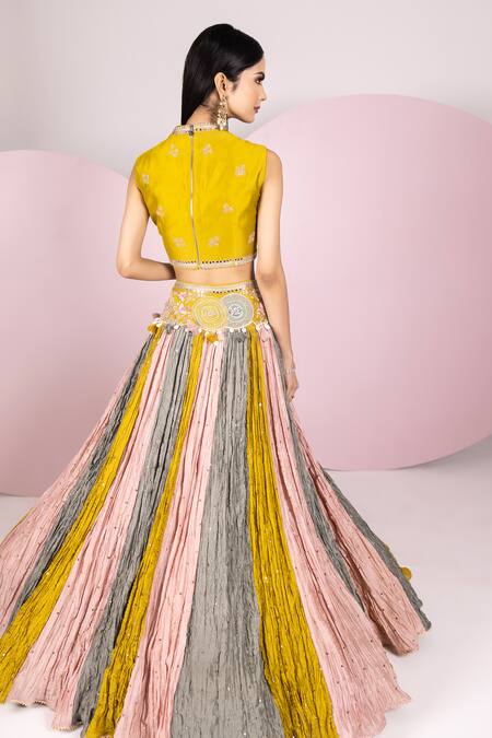 Shop Sonia Bansal Multi Color Chanderi Silk Embroidery Resham V Neck Block Lehenga Set at Aza Fashions Shop_Sonia Bansal_Multi Color Chanderi Silk Embroidery Resham V Neck Block Lehenga Set_at_Aza_Fashions