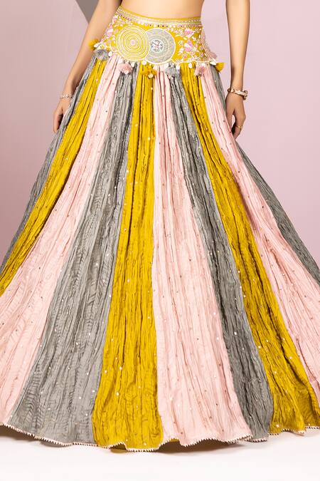 Sonia Bansal Multi Color Chanderi Silk Embroidery Resham V Neck Block Lehenga Set Online at Aza Fashions Sonia Bansal_Multi Color Chanderi Silk Embroidery Resham V Neck Block Lehenga Set_Online_at_Aza_Fashions