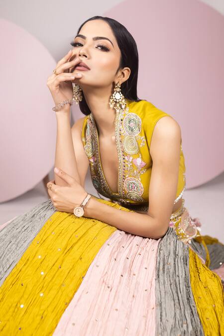 Shop Sonia Bansal Multi Color Chanderi Silk Embroidery Resham V Neck Block Lehenga Set Online at Aza Fashions Shop_Sonia Bansal_Multi Color Chanderi Silk Embroidery Resham V Neck Block Lehenga Set_Online_at_Aza_Fashions