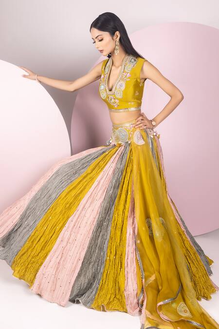 Sonia Bansal Multi Color Chanderi Silk Embroidery Resham V Neck Block Lehenga Set at Aza Fashions Sonia Bansal_Multi Color Chanderi Silk Embroidery Resham V Neck Block Lehenga Set_at_Aza_Fashions