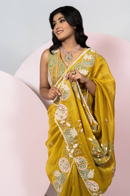 Sonia Bansal Yellow Organza Embroidery Resham V Neck Saree With Blouse Online at Aza Fashions Sonia Bansal_Yellow Organza Embroidery Resham V Neck Saree With Blouse_Online_at_Aza_Fashions