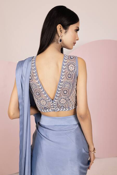 Shop Sonia Bansal Blue Georgette, Satin Embroidery V-neck Pre-draped Saree With Resham Blouse at Aza Fashions Shop_Sonia Bansal_Blue Georgette, Satin Embroidery V-neck Pre-draped Saree With Resham Blouse_at_Aza_Fashions