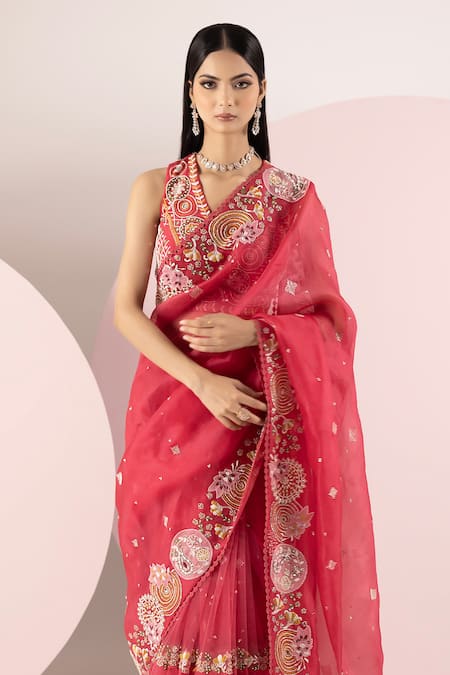 Sonia Bansal_Red Organza, Net Sequins, Pearls, Cut Work, And Resham Saree With Blouse_Online_at_Aza_Fashions
