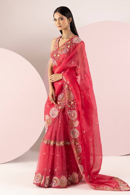 Buy_Sonia Bansal_Red Organza, Net Sequins, Pearls, Cut Work, And Resham Saree With Blouse_Online_at_Aza_Fashions