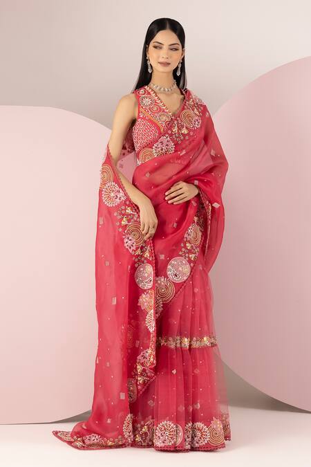 Shop_Sonia Bansal_Red Organza, Net Sequins, Pearls, Cut Work, And Resham Saree With Blouse_Online_at_Aza_Fashions