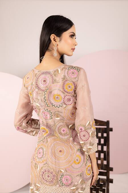 Shop Sonia Bansal Beige Georgette, Organza, Net Cut Work, Geometric Resham Kurta Sharara Set at Aza Fashions Shop_Sonia Bansal_Beige Georgette, Organza, Net Cut Work, Geometric Resham Kurta Sharara Set_at_Aza_Fashions