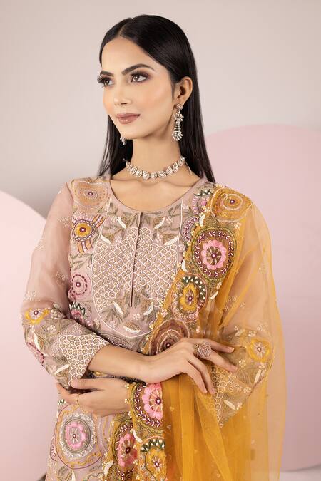 Buy Sonia Bansal Beige Georgette, Organza, Net Cut Work, Geometric Resham Kurta Sharara Set Online at Aza Fashions Buy_Sonia Bansal_Beige Georgette, Organza, Net Cut Work, Geometric Resham Kurta Sharara Set_Online_at_Aza_Fashions