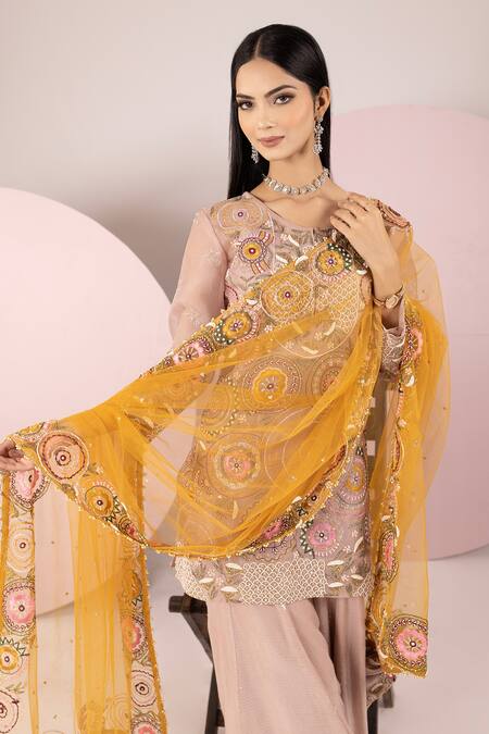 Shop Sonia Bansal Beige Georgette, Organza, Net Cut Work, Geometric Resham Kurta Sharara Set Online at Aza Fashions Shop_Sonia Bansal_Beige Georgette, Organza, Net Cut Work, Geometric Resham Kurta Sharara Set_Online_at_Aza_Fashions