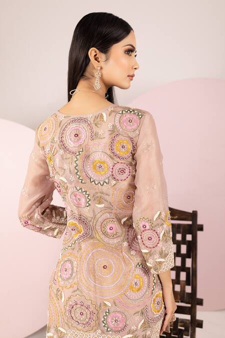 Sonia Bansal Beige Georgette, Organza, Net Cut Work, Geometric Resham Kurta Sharara Set at Aza Fashions Sonia Bansal_Beige Georgette, Organza, Net Cut Work, Geometric Resham Kurta Sharara Set_at_Aza_Fashions