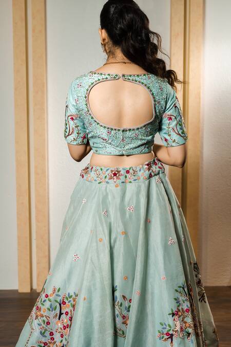 Shop Sonia Bansal Blue Silk, Organza Embroidery, Sequins, Floral Dabka Bridal Lehenga Set at Aza Fashions Shop_Sonia Bansal_Blue Silk, Organza Embroidery, Sequins, Floral Dabka Bridal Lehenga Set_at_Aza_Fashions
