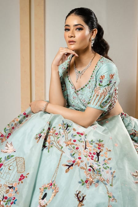 Buy Sonia Bansal Blue Silk, Organza Embroidery, Sequins, Floral Dabka Bridal Lehenga Set Online at Aza Fashions Buy_Sonia Bansal_Blue Silk, Organza Embroidery, Sequins, Floral Dabka Bridal Lehenga Set_Online_at_Aza_Fashions