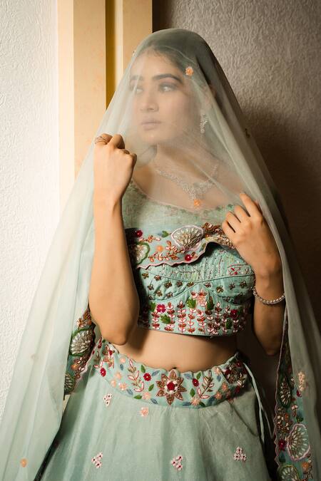 Shop Sonia Bansal Blue Silk, Organza Embroidery, Sequins, Floral Dabka Bridal Lehenga Set Online at Aza Fashions Shop_Sonia Bansal_Blue Silk, Organza Embroidery, Sequins, Floral Dabka Bridal Lehenga Set_Online_at_Aza_Fashions