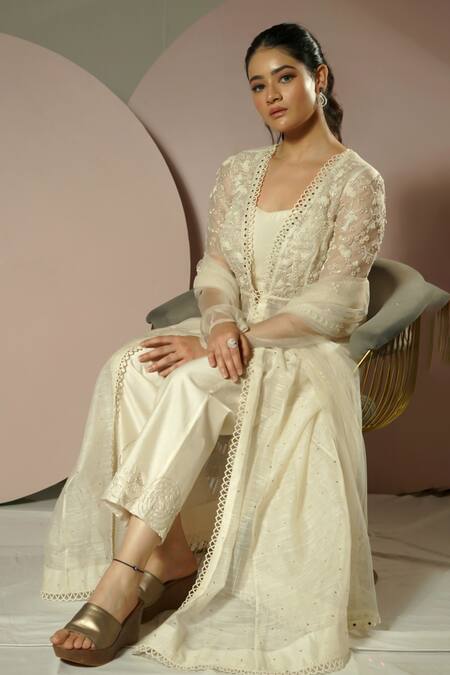 Buy Sonia Bansal White Chanderi, Net Embroidery Floral Resham Anarkali Pant Set Online at Aza Fashions Buy_Sonia Bansal_White Chanderi, Net Embroidery Floral Resham Anarkali Pant Set_Online_at_Aza_Fashions