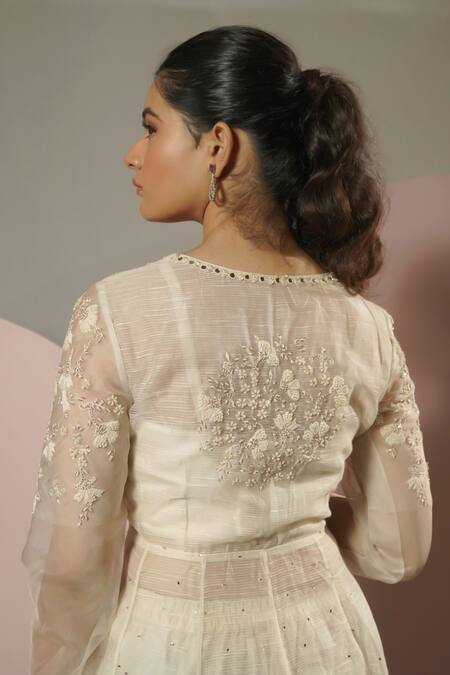 Sonia Bansal White Chanderi, Net Embroidery Floral Resham Anarkali Pant Set at Aza Fashions Sonia Bansal_White Chanderi, Net Embroidery Floral Resham Anarkali Pant Set_at_Aza_Fashions