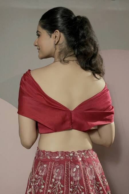 Shop Sonia Bansal Red Organza Sequins, Cut Work Asymmetric Resham Floral Embroidered Lehenga Set at Aza Fashions Shop_Sonia Bansal_Red Organza Sequins, Cut Work Asymmetric Resham Floral Embroidered Lehenga Set_at_Aza_Fashions