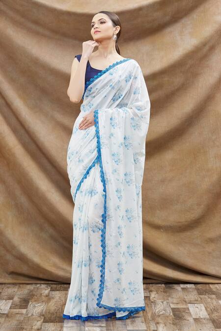 Buy_Khwaab By Sanjana Lakhani_Blue Georgette Crochet Lace Border Sequin Saree_Online_at_Aza_Fashions