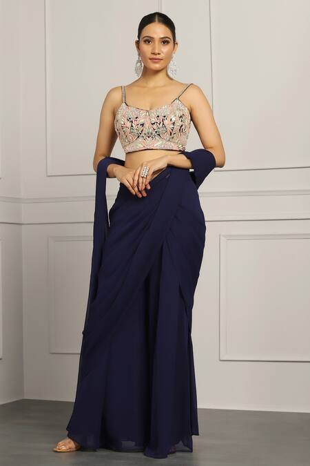 Buy Meenagurnam Blue Georgette Mirror Work Embroidered Draped Sharara Saree With Floret Blouse Online at Aza Fashions Buy_Meenagurnam_Blue Georgette Mirror Work Embroidered Draped Sharara Saree With Floret Blouse _Online_at_Aza_Fashions