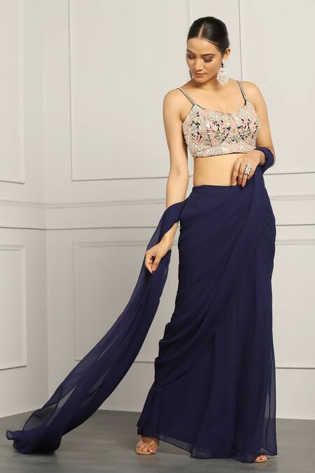 Shop Meenagurnam Blue Georgette Mirror Work Embroidered Draped Sharara Saree With Floret Blouse Online at Aza Fashions Shop_Meenagurnam_Blue Georgette Mirror Work Embroidered Draped Sharara Saree With Floret Blouse _Online_at_Aza_Fashions