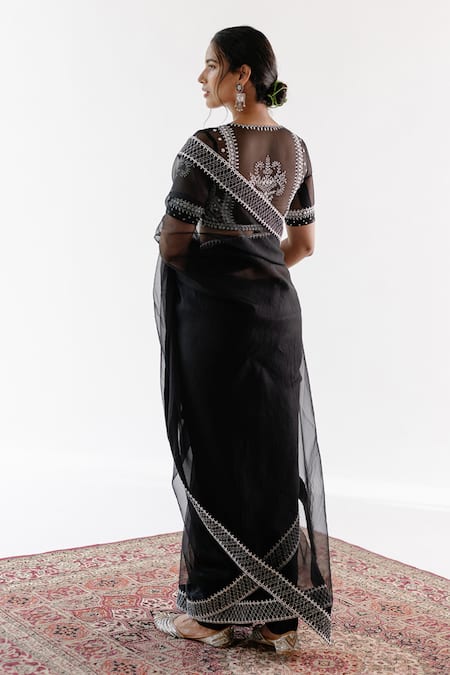 Shop Ridhimaa Gupta Black Silk Organza, Cotton Brahma Resham Saree With Unstitched Blouse Piece at Aza Fashions Shop_Ridhimaa Gupta_Black Silk Organza, Cotton Brahma Resham Saree With Unstitched Blouse Piece _at_Aza_Fashions