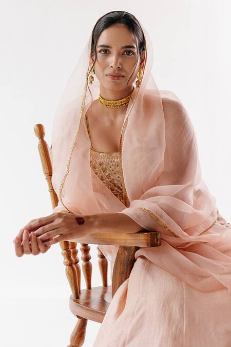 Buy_Ridhimaa Gupta_Beige Silk Organza, Viscose, Cotton Sequins Sukoon Embroidered Lehenga Set _Online_at_Aza_Fashions