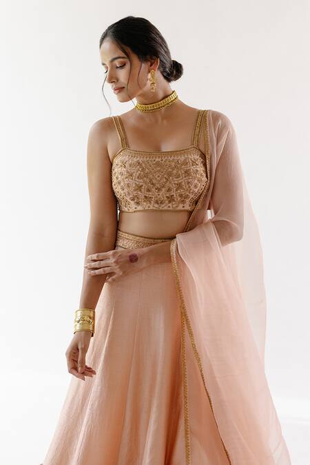 Shop_Ridhimaa Gupta_Beige Silk Organza, Viscose, Cotton Sequins Sukoon Embroidered Lehenga Set _Online_at_Aza_Fashions