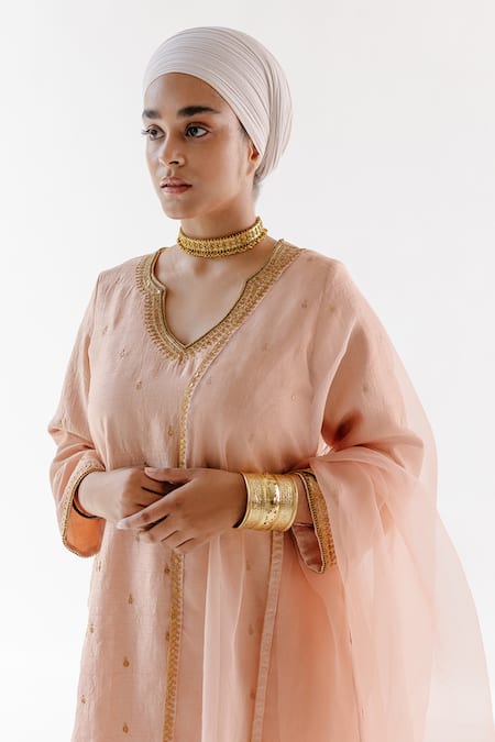 Ridhimaa Gupta Beige Silk Organza, Viscose, Cotton Sequins, Saadgi Work Kurta Flared Pant Set Online at Aza Fashions Ridhimaa Gupta_Beige Silk Organza, Viscose, Cotton Sequins, Saadgi Work Kurta Flared Pant Set _Online_at_Aza_Fashions