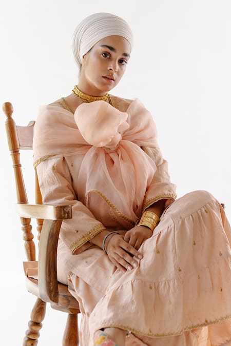 Buy Ridhimaa Gupta Beige Silk Organza, Viscose, Cotton Sequins, Saadgi Work Kurta Flared Pant Set Online at Aza Fashions Buy_Ridhimaa Gupta_Beige Silk Organza, Viscose, Cotton Sequins, Saadgi Work Kurta Flared Pant Set _Online_at_Aza_Fashions