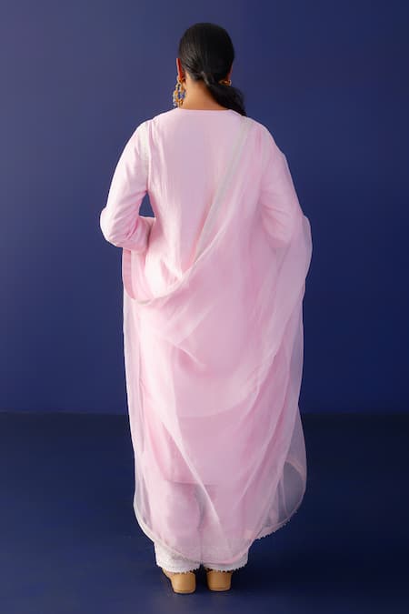 Shop_Ridhimaa Gupta_Pink Organza, Viscose, Embroidery Sawariya Resham Kurta Pant Set _at_Aza_Fashions