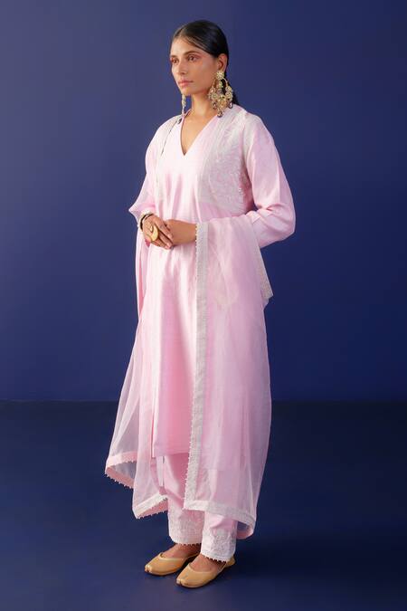 Buy_Ridhimaa Gupta_Pink Organza, Viscose, Embroidery Sawariya Resham Kurta Pant Set _Online_at_Aza_Fashions