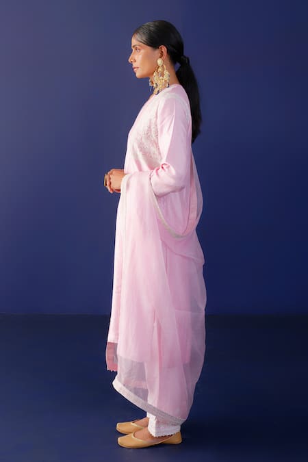 Shop_Ridhimaa Gupta_Pink Organza, Viscose, Embroidery Sawariya Resham Kurta Pant Set _Online_at_Aza_Fashions