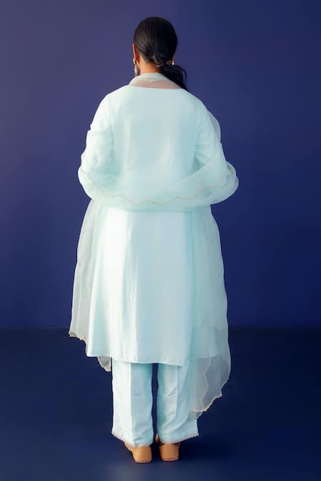 Shop_Ridhimaa Gupta_Green Silk Organza, Viscose, Cotton Embroidery, Meraki Yoke Kurta Pant Set _at_Aza_Fashions