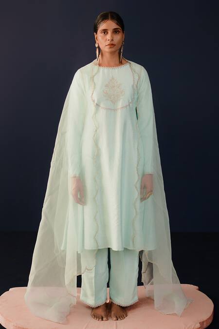 Buy_Ridhimaa Gupta_Green Silk Organza, Viscose, Cotton Embroidery, Meraki Yoke Kurta Pant Set _Online_at_Aza_Fashions
