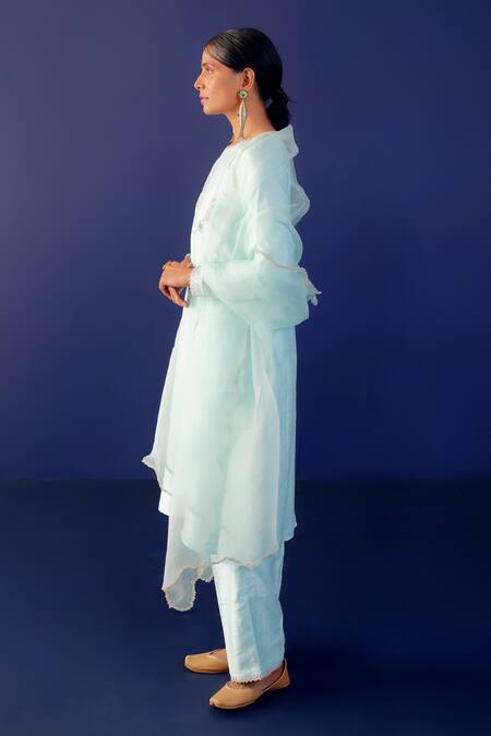 Shop_Ridhimaa Gupta_Green Silk Organza, Viscose, Cotton Embroidery, Meraki Yoke Kurta Pant Set _Online_at_Aza_Fashions