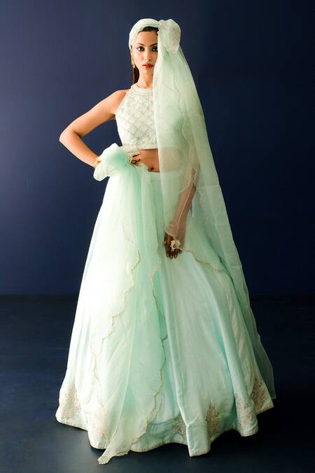 Ridhimaa Gupta_Green Organza, Viscose, Cotton, Zari, Dua Lehenga And Blouse Set _Online_at_Aza_Fashions