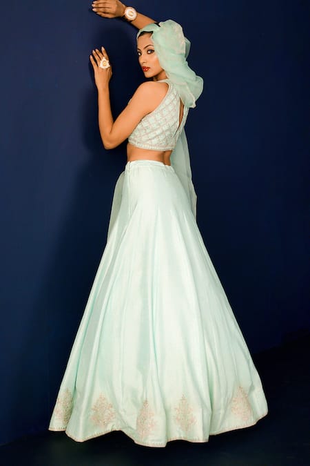Shop_Ridhimaa Gupta_Green Organza, Viscose, Cotton, Zari, Dua Lehenga And Blouse Set _Online_at_Aza_Fashions