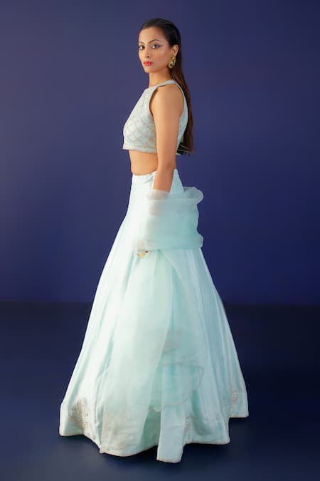 Ridhimaa Gupta_Green Organza, Viscose, Cotton, Zari, Dua Lehenga And Blouse Set _at_Aza_Fashions