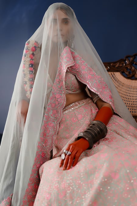 Shop Ridhimaa Gupta Green , Organza Embroidery, Sequins Sindoori Resham Bridal Lehenga Set Online at Aza Fashions Shop_Ridhimaa Gupta_Green , Organza Embroidery, Sequins Sindoori Resham Bridal Lehenga Set _Online_at_Aza_Fashions