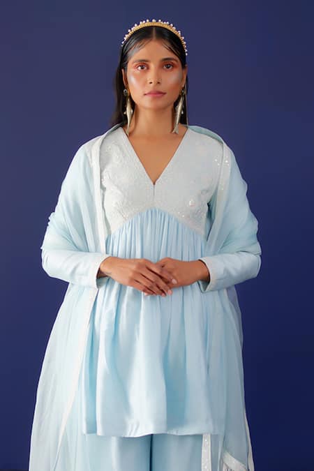 Shop Ridhimaa Gupta Blue Organza, Viscose, Cotton, Sequins, Anjum Yoke Anarkali Pant Set Online at Aza Fashions Shop_Ridhimaa Gupta_Blue Organza, Viscose, Cotton, Sequins, Anjum Yoke Anarkali Pant Set _Online_at_Aza_Fashions