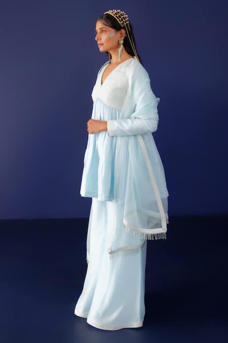 Ridhimaa Gupta Blue Organza, Viscose, Cotton, Sequins, Anjum Yoke Anarkali Pant Set at Aza Fashions Ridhimaa Gupta_Blue Organza, Viscose, Cotton, Sequins, Anjum Yoke Anarkali Pant Set _at_Aza_Fashions