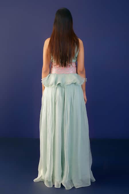 Shop Ridhimaa Gupta Green Silk Organza Embroidery, Sequins V-neck Pistachio Tunic And Sharara Set at Aza Fashions Shop_Ridhimaa Gupta_Green Silk Organza Embroidery, Sequins V-neck Pistachio Tunic And Sharara Set _at_Aza_Fashions