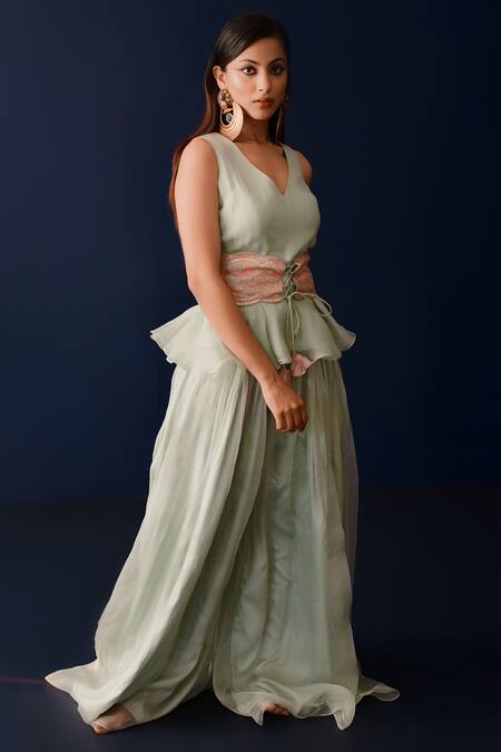 Shop Ridhimaa Gupta Green Silk Organza Embroidery, Sequins V-neck Pistachio Tunic And Sharara Set Online at Aza Fashions Shop_Ridhimaa Gupta_Green Silk Organza Embroidery, Sequins V-neck Pistachio Tunic And Sharara Set _Online_at_Aza_Fashions