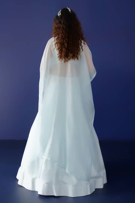 Shop_Ridhimaa Gupta_Blue Silk Organza, Viscose, Silk, Cotton Zaara Resham Work Cape And Lehenga Set _at_Aza_Fashions