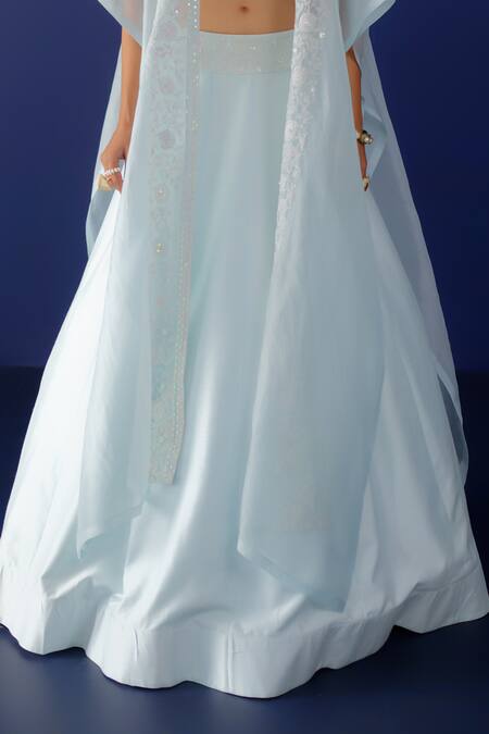 Buy_Ridhimaa Gupta_Blue Silk Organza, Viscose, Silk, Cotton Zaara Resham Work Cape And Lehenga Set _Online_at_Aza_Fashions